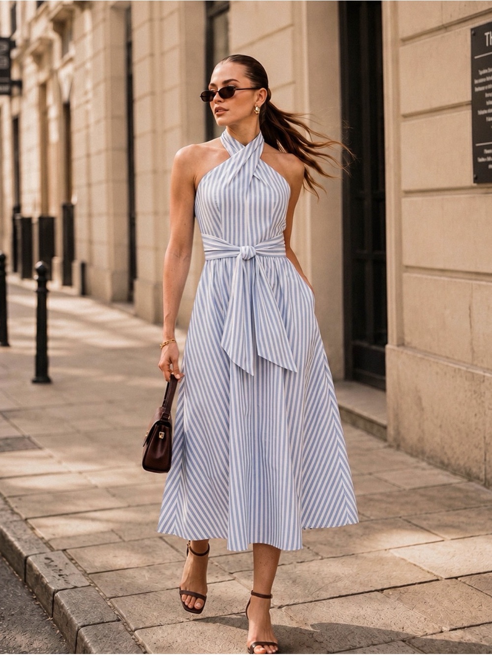 Commense Striped Halter Tie-Waist Maxi Dress